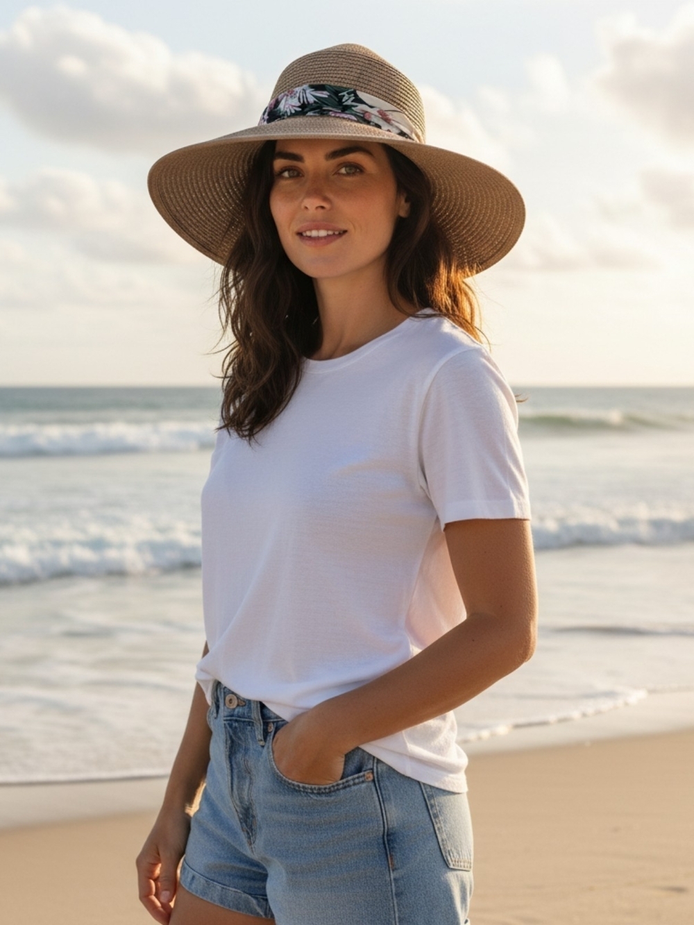 Women's Roll Up Straw Sun Visor Wide Brim Packable Beach Hat With Floral Bow